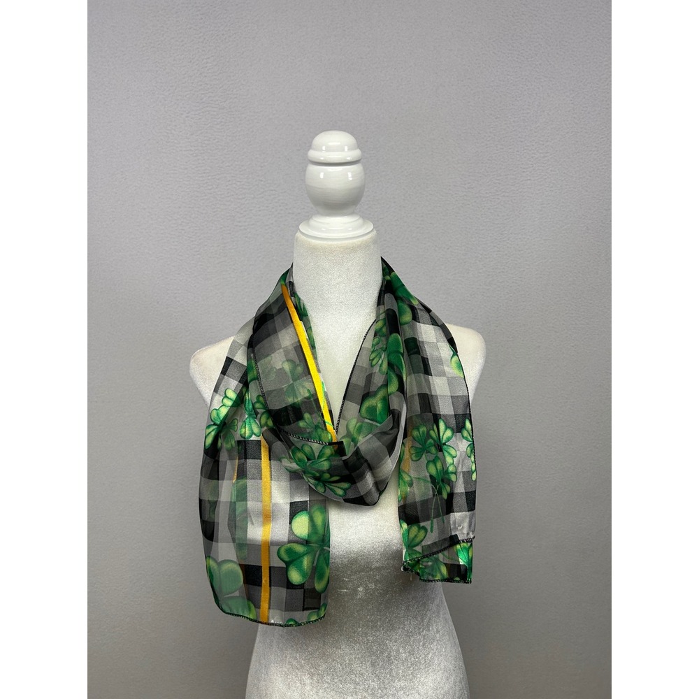 St. Patricks Day Womens OS Green Plaid Shamrock Sheer Scarf